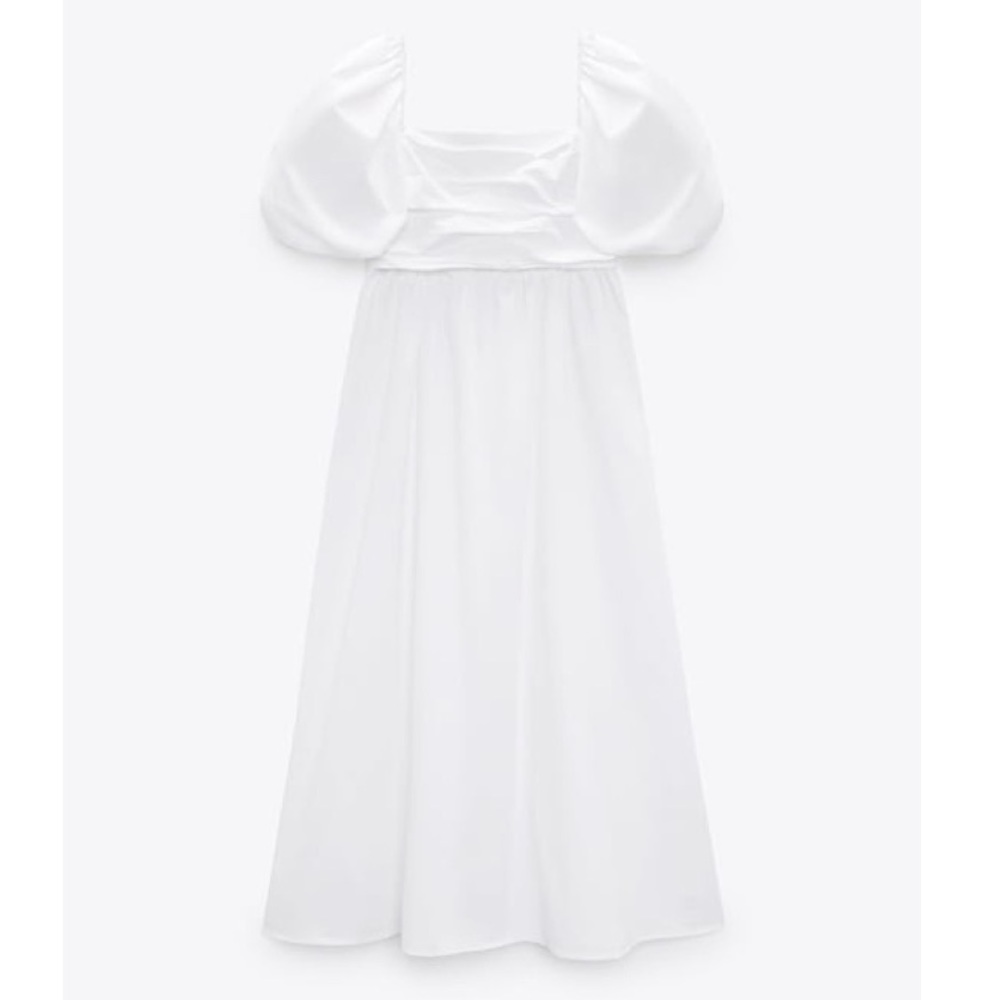 ZARA DRAPED WHITE PUFF SLEEVE DRESS 100% COTTON